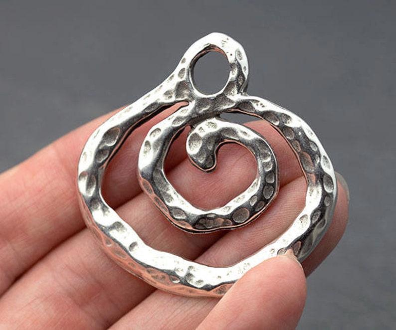 Large Silver Spiral Pendant, Spiral Focal Pendant, Hammered, Antique Silver, Ethnic, Tribal Pendant, Made in Europe, 43mm image 1