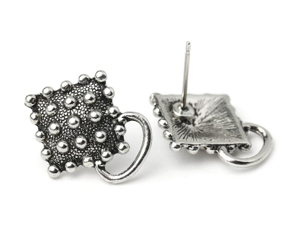 Beaded Square Post Earrings, Antique Silver Stud Earrings, Silver Earring Tops, Artisan Earring Post, Earring Component, Made in USA, 19mm
