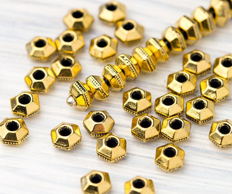 Antique Gold Spacer Beads Made in USA \u2013 TB3 TierraCast Heishi Spacers Small Hexagon Beads 5mm Gold Heishi Beads Faceted Heishi Beads