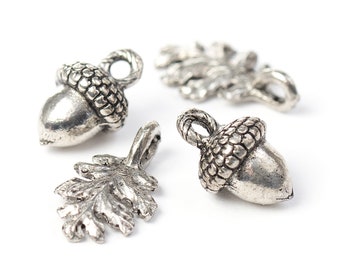 Silver Oak Leaf and Acorn Drop Charms, Nature, Woodland Charms, Antique Silver, Made in USA