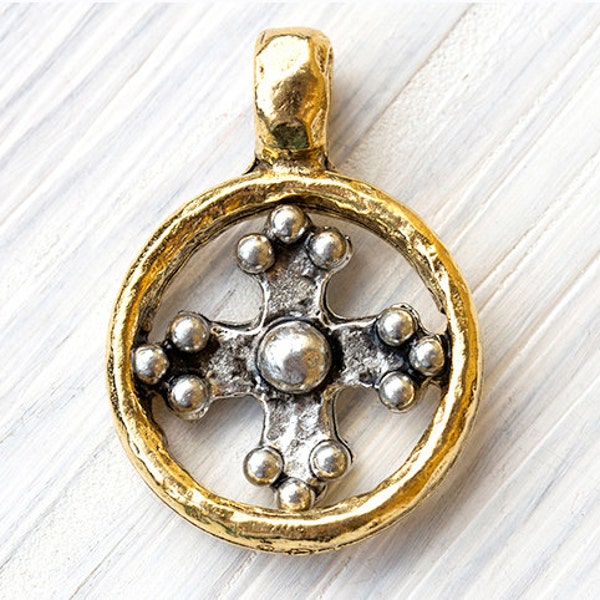 Ancient Cross In Hammered Bezel 2-Tone Charm, Antique Gold and Silver, Made in the USA, 30mm – AB67