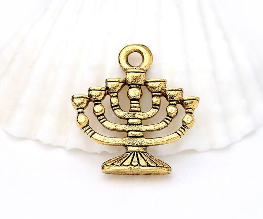 Hanukkah Menorah Charm, Antique Gold Menorah Charm, Made in USA, 15mm
