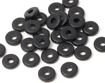 8mm Black Ceramic Washers, Flat Round Ceramic Washer, Disk Spacers, Matte Black Washer Beads, Mykonos Greek Ceramic Beads