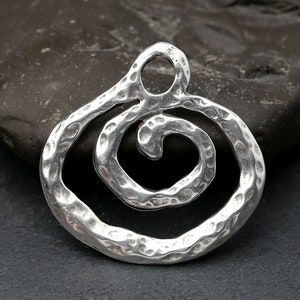 Large Silver Spiral Pendant, Spiral Focal Pendant, Hammered, Antique Silver, Ethnic, Tribal Pendant, Made in Europe, 43mm image 2