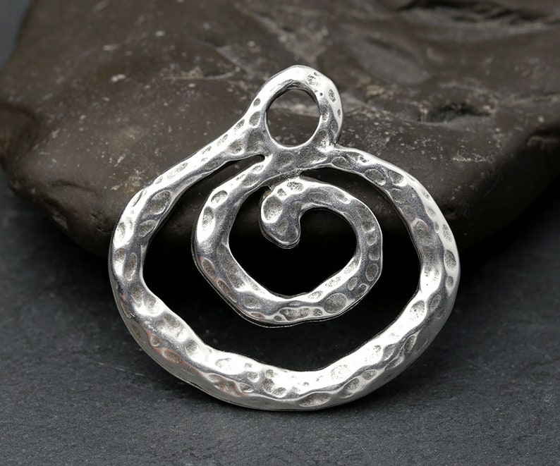 Large Silver Spiral Pendant, Spiral Focal Pendant, Hammered, Antique Silver, Ethnic, Tribal Pendant, Made in Europe, 43mm image 2