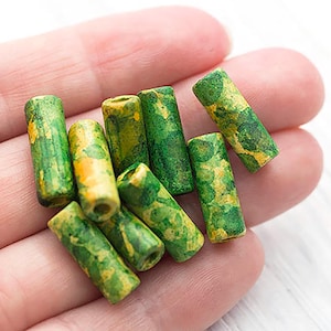 17mm Greek Tube Beads, Tube Spacer Beads, Earthy Color Beads, Green and Yellow Mix, Short Ceramic Tube Beads, Mykonos Greek – MK238