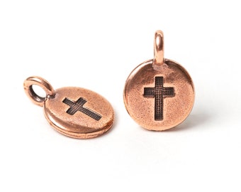 Small Copper Cross Charm, TierraCast Cross Coin Charm, Christian Charm, Antique Copper, Made in USA, 17mm