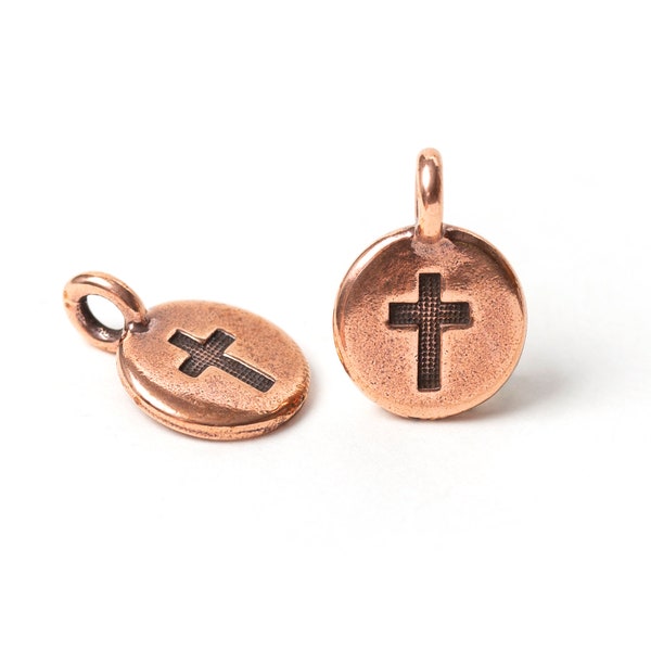 Small Copper Cross Charm, TierraCast Cross Coin Charm, Christian Charm, Antique Copper, Made in USA, 17mm