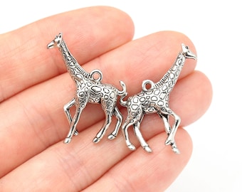 Silver Giraffe Charm, 3 Dimensional, Finely Detailed, Antique Silver Wild Animal Charm, Made in the USA, 28mm