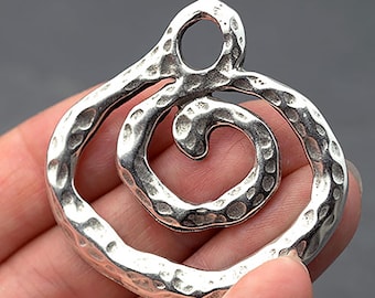 Large Silver Spiral Pendant, Spiral Focal Pendant, Hammered, Antique Silver, Ethnic, Tribal Pendant, Made in Europe, 43mm