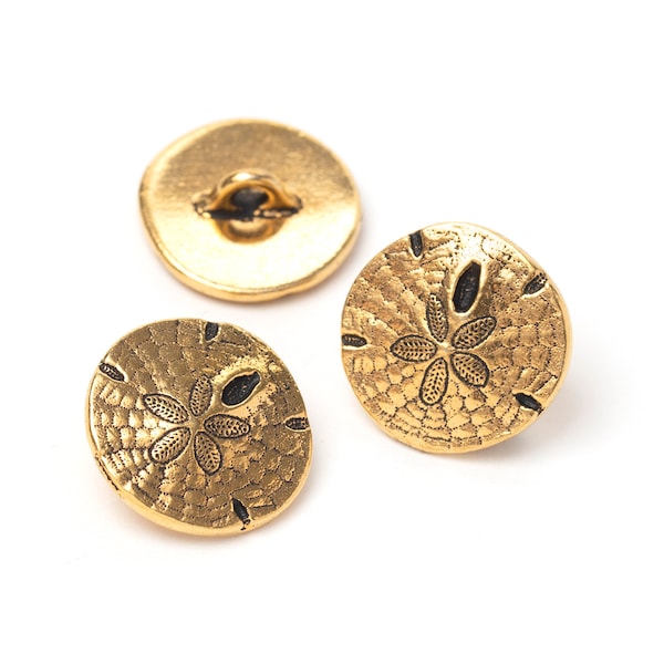 Sand Dollar Buttons, Antique Gold Shell Buttons, Marine Life, Sea, Ocean Beach Buttons, TierraCast, Made in USA, 17mm