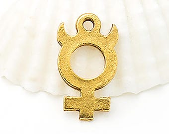 Gold Planet Mercury Charms, Gold Mercury Symbol, Mercury Astrological Symbol, Gold Zodiac Charm, Antique Gold, Made in USA, 17mm