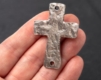 Large Silver Two Hole Cross Connector, Silver Hammered Cross Focal, Ancient Rosary Cross, Rustic Antique Silver Cross, Made in the USA, 47mm