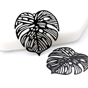 Black Filigree Monstera Leaf Charms, Tropical Plant Leaf Pendant, Large Ultralight Floral Earrings Charm, Laser Cut – 33mm