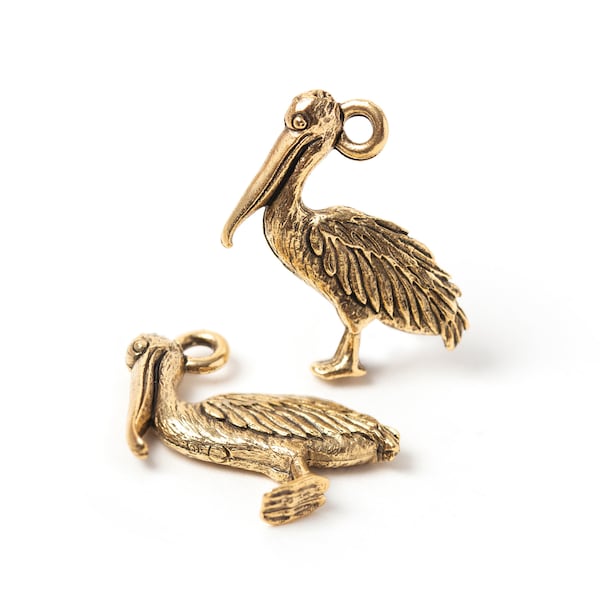 Gold Pelican Pendant, Antique Gold Pelican Bird, Ocean Bird Charm, Two-sided, Finely Detailed, Made in USA, 20mm