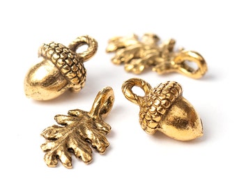Gold Acorn and Leaf Drop Charms, Nature, Woodland Charms, Antique Gold, Made in USA