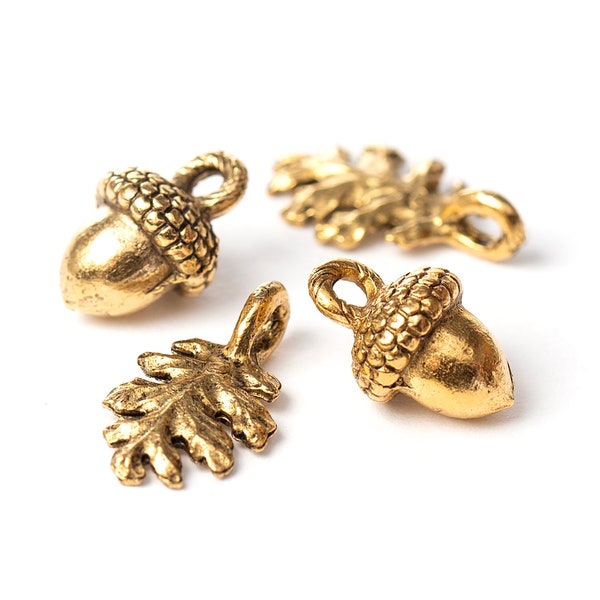 Gold Acorn and Leaf Drop Charms, Nature, Woodland Charms, Antique Gold, Made in USA