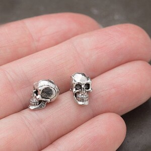 Puede incluir: Dos peque&ntilde;as cuentas de calavera de color plateado. Las calaveras tienen detalles, incluyendo cuencas de los ojos, una cavidad nasal y dientes. Estas cuentas son probablemente para la fabricaci&oacute;n de joyas u otros proyectos de artesan&iacute;a.