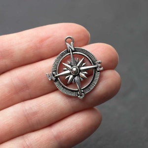 Silver Compass Charm, North Star Pendant, Antique Silver Travel Charm, Finely Detailed, Made in USA, 27mm