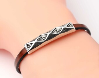 5mm Flat Cord Silver Textured Tube Slider, Ethnic Bracelet Slider, Fine Silver Plated Zamak, Made in Europe, 39mm