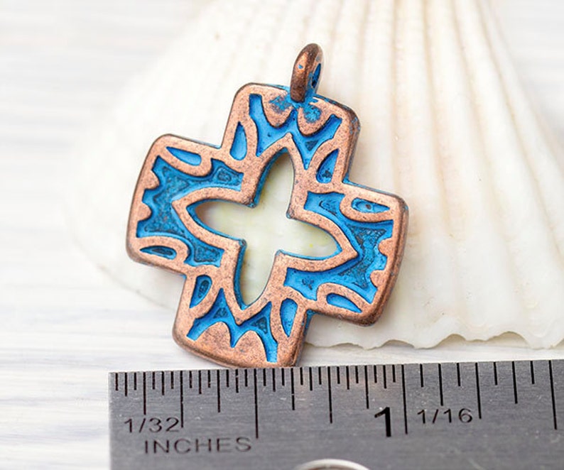 29x25mm \u2013 GN50 Copper and Blue Patina Cross Charm Zamak Metal Casting Made in Europe Rustic Cross Pendant
