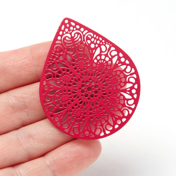 Large Filigree Earring Charms, Laser Cut, Floral Ornament, Ultralight Drop Charms, Raspberry Red, 48mm