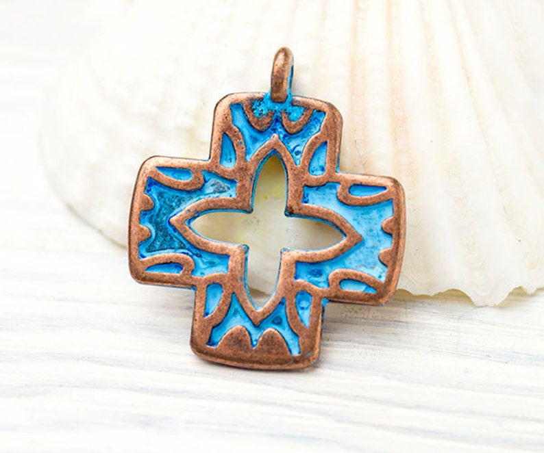 29x25mm \u2013 GN50 Copper and Blue Patina Cross Charm Zamak Metal Casting Made in Europe Rustic Cross Pendant