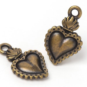 Bronze Milagro Heart Charm, TierraCast Flaming Heart Pendant, Sacred Heart Charm, Oxidized Brass, Made in USA