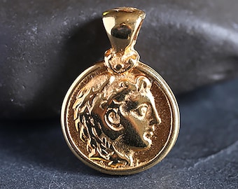 Alexander The Great Gold Coin Pendant, Alexander The Great Pendant with Bail, 24K Gold Plated, Made in Greece, 20x28 mm, GP22