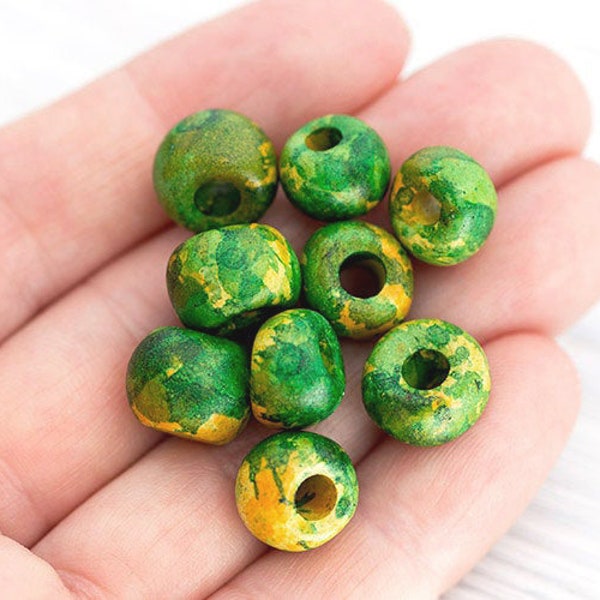 Irregular Ceramic Round Beads, Green and Yellow Clay Ball Beads, Natural, Earthy, Organic Beads, Mykonos Greek Ceramic Beads – MK257