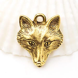 Charm renard doré, breloque tête de renard doré, finement détaillée, or vieilli, fabriqué aux États-Unis, 17 mm