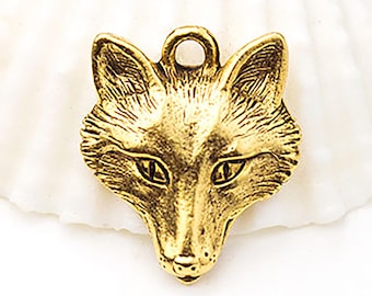 Gold Fox Charm, Gold Fox Head Charm, Finely Detailed, Antique Gold, Made in USA, 17mm