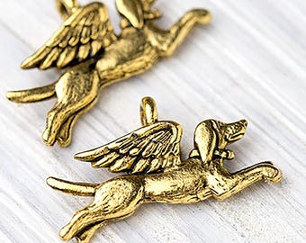 Dije de ángel dorado para perro, conmemorativo para perro, con alas de ángel, en memoria de un perro, dorado antiguo, fabricado en EE. UU., 20 x 12 mm