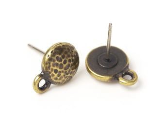 Poste para aretes redondo de bronce martillado, aretes de botón de latón oxidado, poste para aretes artesanal, componente para aretes TierraCast, fabricado en EE. UU., 8,75 mm