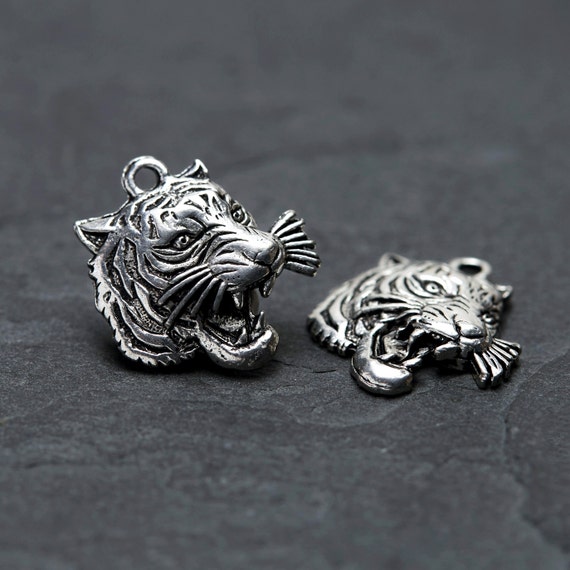 Silver Roaring Tiger Charm Silver Angry Tiger Head Charm Wild