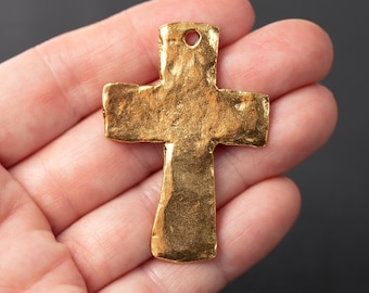 Large Gold Cross Pendant, Gold Hammered Cross Pendant, Large Rosary Cross, Rustic Antique Gold Cross, Made in the USA, 47mm