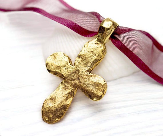 Large Gold Cross Pendant Gold Hammered 