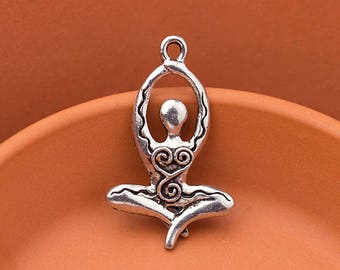 Silver Meditating Goddess Pendant, Two-Sided, Antique Silver Yoga, Zen, Lotus Pose Charm, Made in the USA, 33mm – AB34