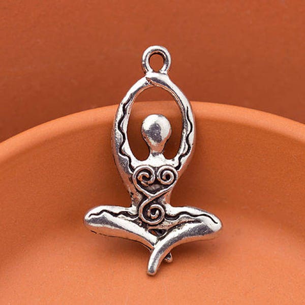 Silver Meditating Goddess Pendant, Two-Sided, Antique Silver Yoga, Zen, Lotus Pose Charm, Made in the USA, 33mm – AB34