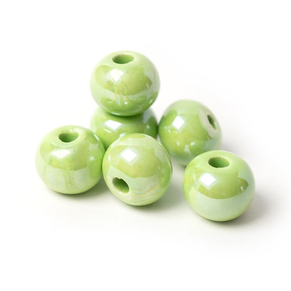 12mm Glazed Ceramic Ball Beads, Enamel Ceramic Round Beads, Large Hole Beads, Apple Green Porcelain Beads, Made in Europe