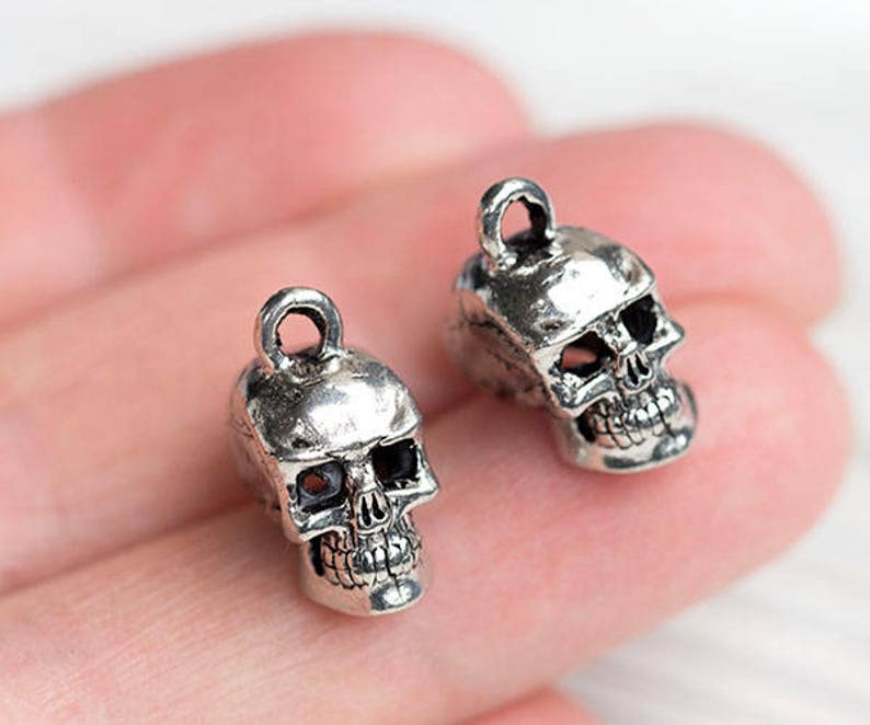 May include: Two small, silver-colored skull charms with a loop at the top for hanging. The skulls have detailed facial features, including eye sockets, a nose cavity, and teeth. The charms are likely for jewelry making or other crafts.