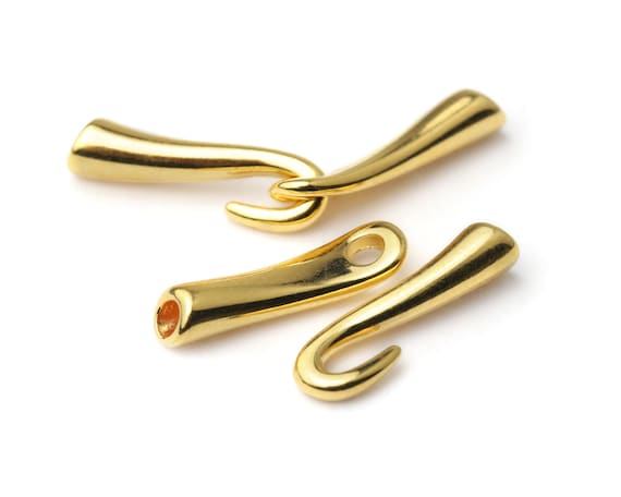 Gold Hook and Eye Clasp, 2mm Cord End, Round Cord Clasp, Glue In Cord End, Fits 2mm Cords, 24K Gold Plated, 30mm, Made in Europe, GN97G