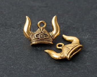 Viking Helmet Charm, Gold Viking Hat Charm, Nordic Warrior Charm, Horned Helmet, Ragnar Helmet, Made in the USA, 16mm