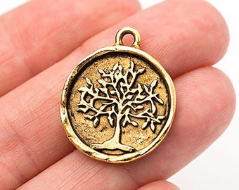 Gold Tree of Life Charm, Antique Gold Tree of Life Pendant, Made in the USA, 20mm