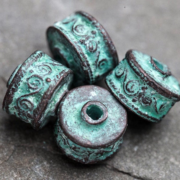 11mm Hellenic Wave Ornament Round Beads, Rustic Copper and Green Patina Barrel Beads, Aged Copper Drum Spacer Beads, Mykonos Greek Casting