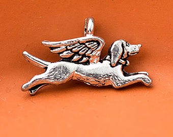 Dije de ángel de plata para perro, dije conmemorativo para perro, perro con alas de ángel, en memoria de un perro, dije conmemorativo para mascota, plata antigua, hecho en EE. UU., 20 mm