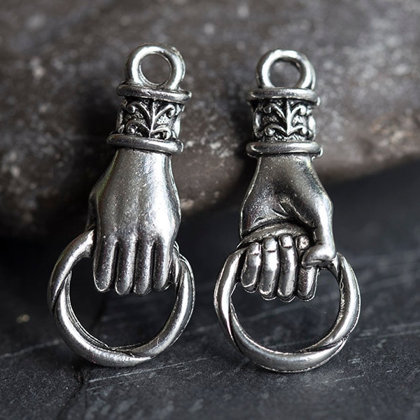 Silver Hand Charm, Hand Holding Ring Connector, Silver Hand Bail, Link, Fleur De Lis Charm, Hand Charm Holder, Antique Silver, Made in USA