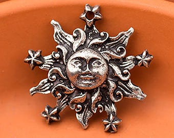 Dije de sol de plata, dije de sol y estrellas, dije astrológico, dije celestial de plata antigua, 21 mm, hecho en EE. UU.