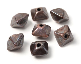 12mm Antique Copper Bicone Beads, Geometrical Oxyhedron, Octahedron Beads,  Copper Plated Ceramic, Mykonos Greek – MK35