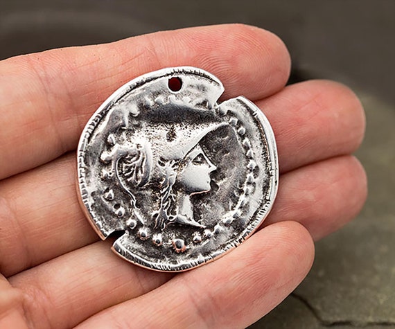 Silver Goddess Athena Pendant, Silver Coin Pendant, Replica Greek Coin, Antique Silver, 35mm, Metal Casting, Made in Greece